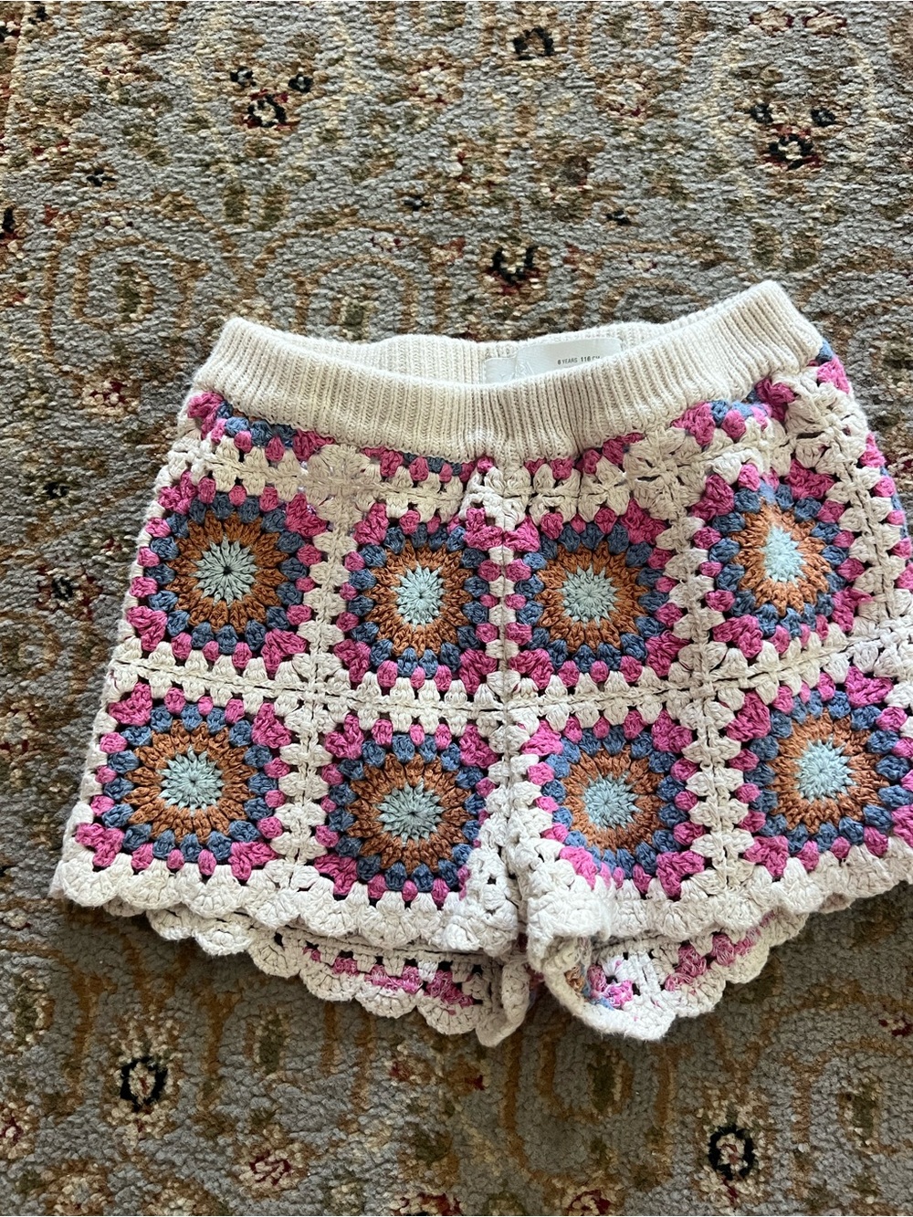 Zara Crochet Granny Square Shorts - Cream with Pink, Blue & Brown Accents